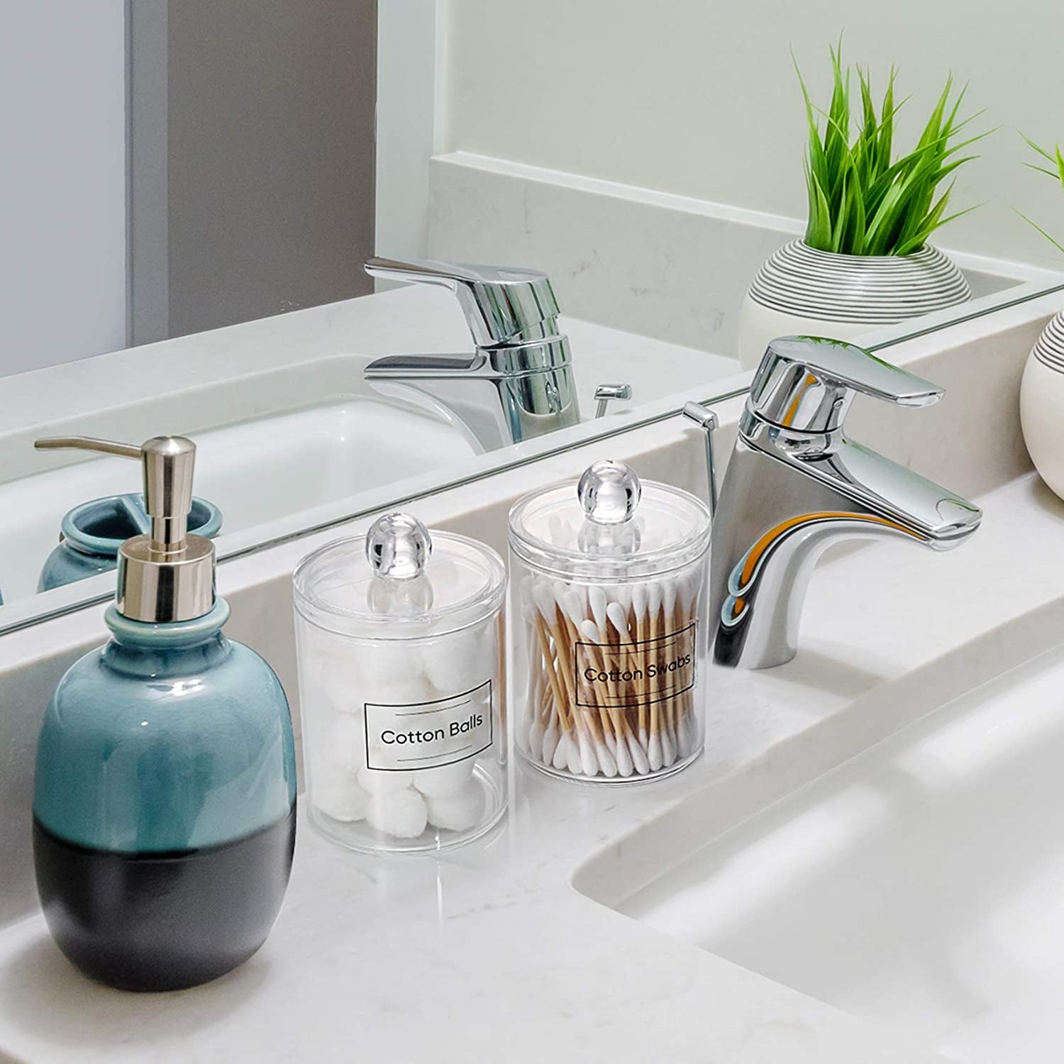 2 Pack Acrylic Qtip Holder Dispenser for Cotton Swabs, Balls, Pads, Floss Picks- Small Clear Plastic Canister Apothecary Jar Set, Bathroom Essentials Accessories Decor, Vanity Makeup Storage Organizer