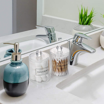 2 Pack Acrylic Qtip Holder Dispenser for Cotton Swabs, Balls, Pads, Floss Picks- Small Clear Plastic Canister Apothecary Jar Set, Bathroom Essentials Accessories Decor, Vanity Makeup Storage Organizer