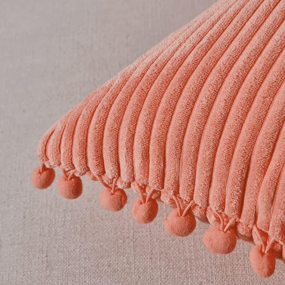 Pack of 2 Coral Decorative Throw Pillow Covers 18X18 Inch with Pom-Poms for Living Room Couch Bedroom, Soft Corduroy Peach Solid Square Cushion Case 45X45 Cm, Rustic Farmhouse Home Decor