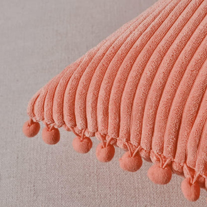 Pack of 2 Coral Decorative Throw Pillow Covers 18X18 Inch with Pom-Poms for Living Room Couch Bedroom, Soft Corduroy Peach Solid Square Cushion Case 45X45 Cm, Rustic Farmhouse Home Decor