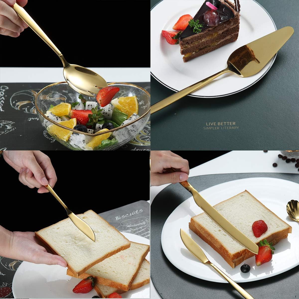 10-Piece Gold Serving Utensil Set with Titanium Plating, Including Cake Knife, Cake Server, Serving Forks, Sugar Spoon, Salad Spoon, Butter Knife, Gravy Ladle, and More