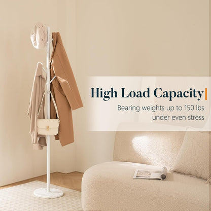 Coat Rack Freestanding with Natural Marble Base, Coat Tree with 8 Hooks Heavy Duty Coat Hanger Stand, Metal Coat Rack Stand for Jacket, Hat, Clothes & Bag, Hall Tree Hat Rack for Entryway