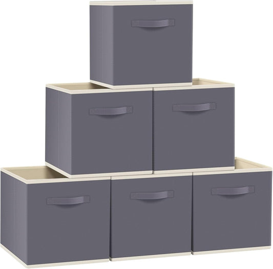 Fabtotes Storage Bins 6 Pack Collapsible Storage Cubes, 11"X10.5"X10.5" Large Book Organizer Boxes with Handles and Cardboard, Baskets for Organizing Closet Shelves (Grey)