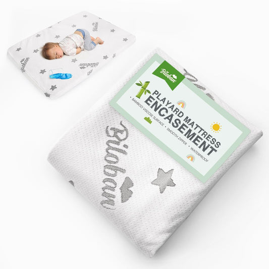 Pack and Play Mattress Protector Cover Zipper, Compatible with Graco Pack N Play &Dream on Me &Pamo Babe Playard Mattress to 1.5 Inches, Waterproof Viscose Made from Bamboo Playard Mattress Encasement