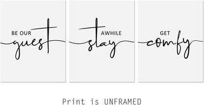 Guest Room Wall Art Be Our Guest Stay Awhile Get Comfy over the Bed Sign Wall Decor Bedroom Artwork Pictures New Home Decor UNFRAMED 11X14Inch