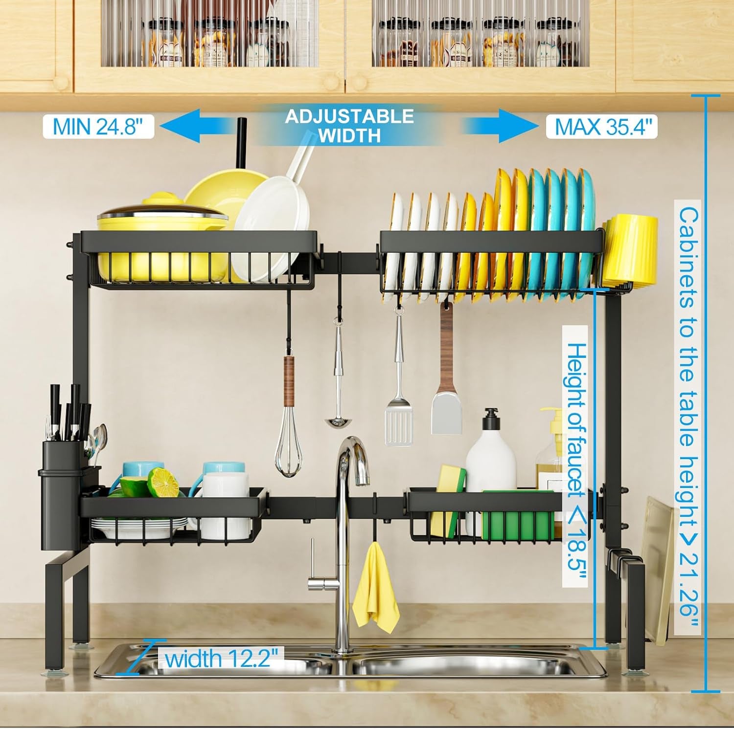［2-Tier 4 Baskets］Over the Sink Dish Drying Rack, 24.8"-35.4", Large Sink Rack for Kitchen, Extensible and Adjustable, Saving Kitchen Space