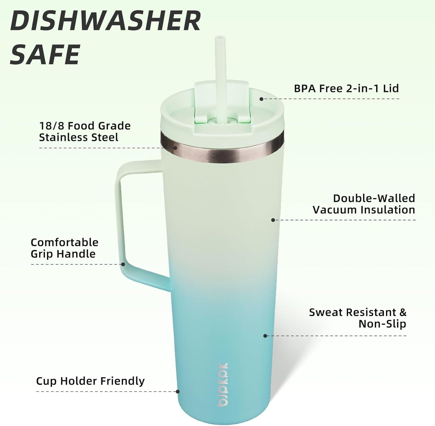 Insulated Tumbler with Handle, 30Oz Insulated Tumblers with Lid and Straw, Stainless Steel Metal Water Bottles, Coffee Travel Mugs, Cups, Mint
