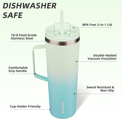 Insulated Tumbler with Handle, 30Oz Insulated Tumblers with Lid and Straw, Stainless Steel Metal Water Bottles, Coffee Travel Mugs, Cups, Mint