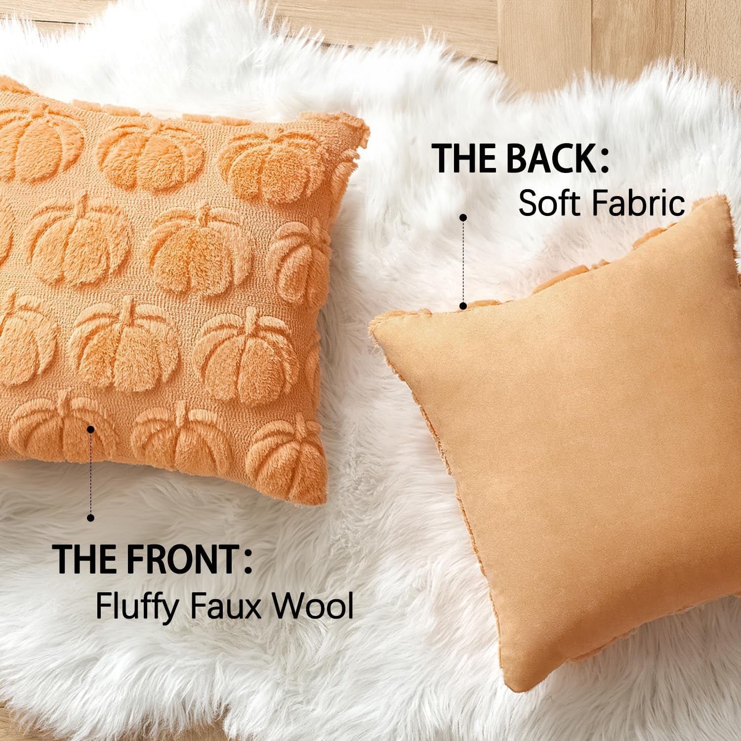 Fall Throw Pillow Covers 18X18 Set of 2 Autumn Decorations Pumpkin Accent Pillowcase for Outdoor Porch Sofa Couch Bed Living Room Plush Faux Fur Halloween Farmhouse Home Decor