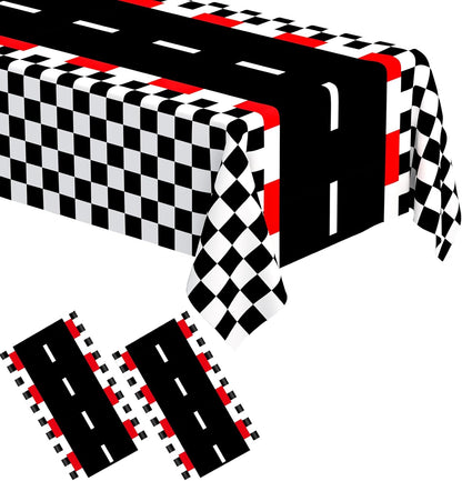2 PCS Racing Car Theme Tablecloths Car Disposable Plastic Tablecloths Black Checkered Flag Table Covers Racetrack Rectangular Tablecloth for Race Car Birthday Party Decorations, 54 X 108 Inch