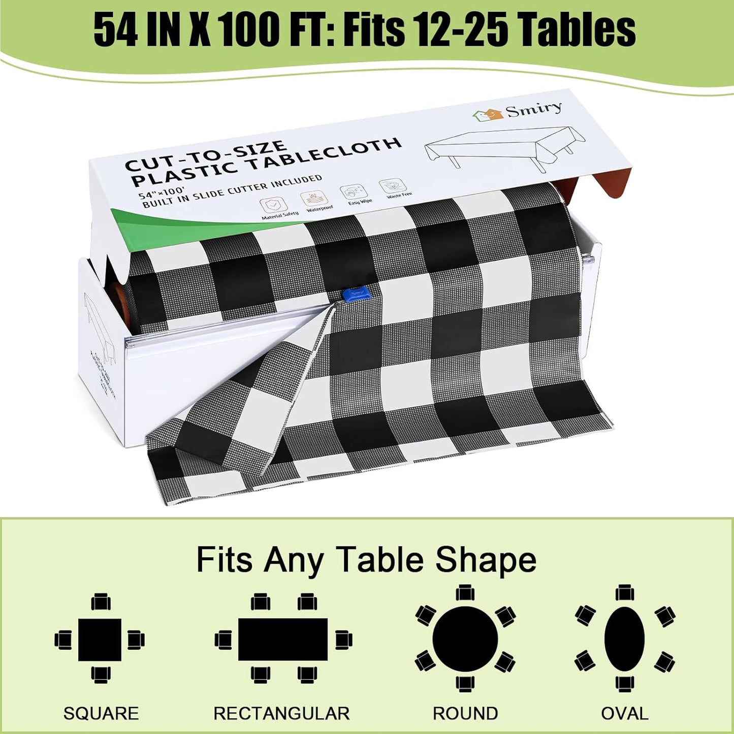 54 Inch X 100 Feet Disposable Table Cover Roll, Black & White Plastic Table Cloth in Cut-To-Size Box with Slide Cutter, Waterproof Rectangle Tablecloths for Weddings, Banquets, Outdoor