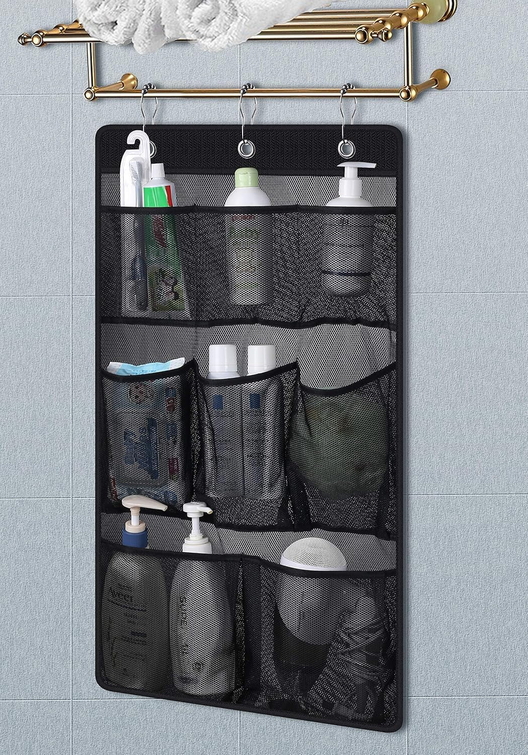 Mesh Shower Caddy Hanging Bathroom Organizer Storage with 2 Large Pockets 3 Rings Hang Curtain Rod for Dorm Cruise RV, Black