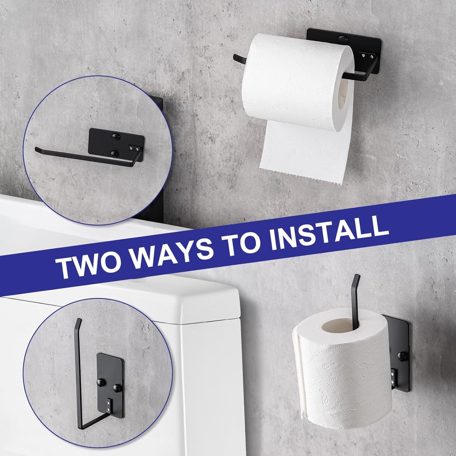 Bathroom Toilet Paper Holder 2Pack,Stainless Steel Toilet Roll Holder,Wall Mounted Self Adhesive Paper Stand for Bathroom, Kitchen, Washroom(Black)