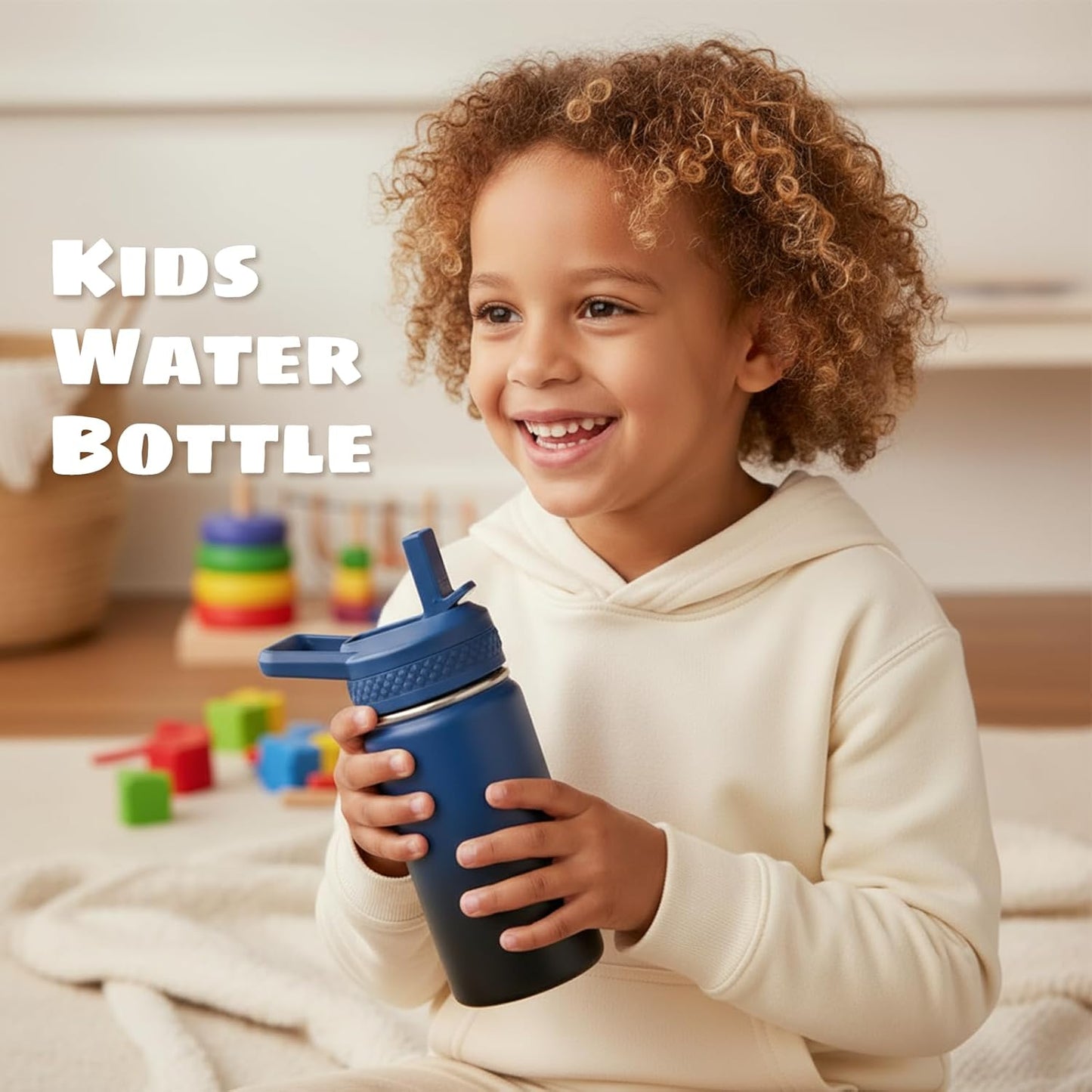 12 Oz Kids Water Bottle, Toddler Water Bottle with Straw, Boys&Girls Bottle for School, 304 Stainless Steel Vacuum Insulated Bottle for Kids, Bpa-Free, Leak-Proof, Blue Black