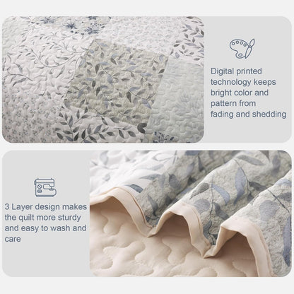 Queen Size Reversible Boho Quilt Set, 3-Piece Patchwork Gray All-Season Bedspread, Ultra-Soft Floral Coverlet with Printed Pattern (Includes 1 Quilt and 2 Pillow Shams)