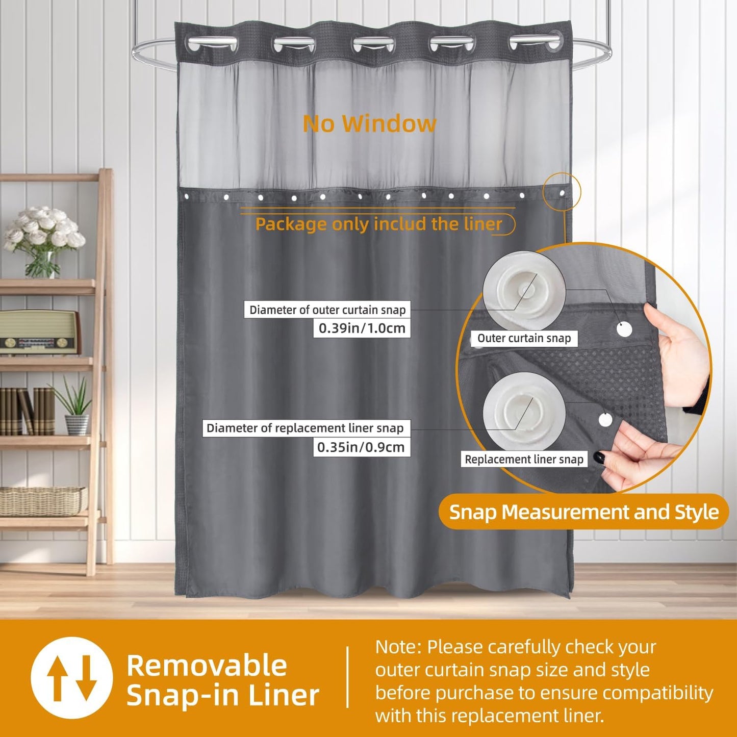 1 Pack Fabric Snap-In Shower Curtain Liner Replacement,Compatible with No Hook Shower Curtain with Snap in Liner, Removable & Water-Repellent,Machine Washable,70X54,Grey