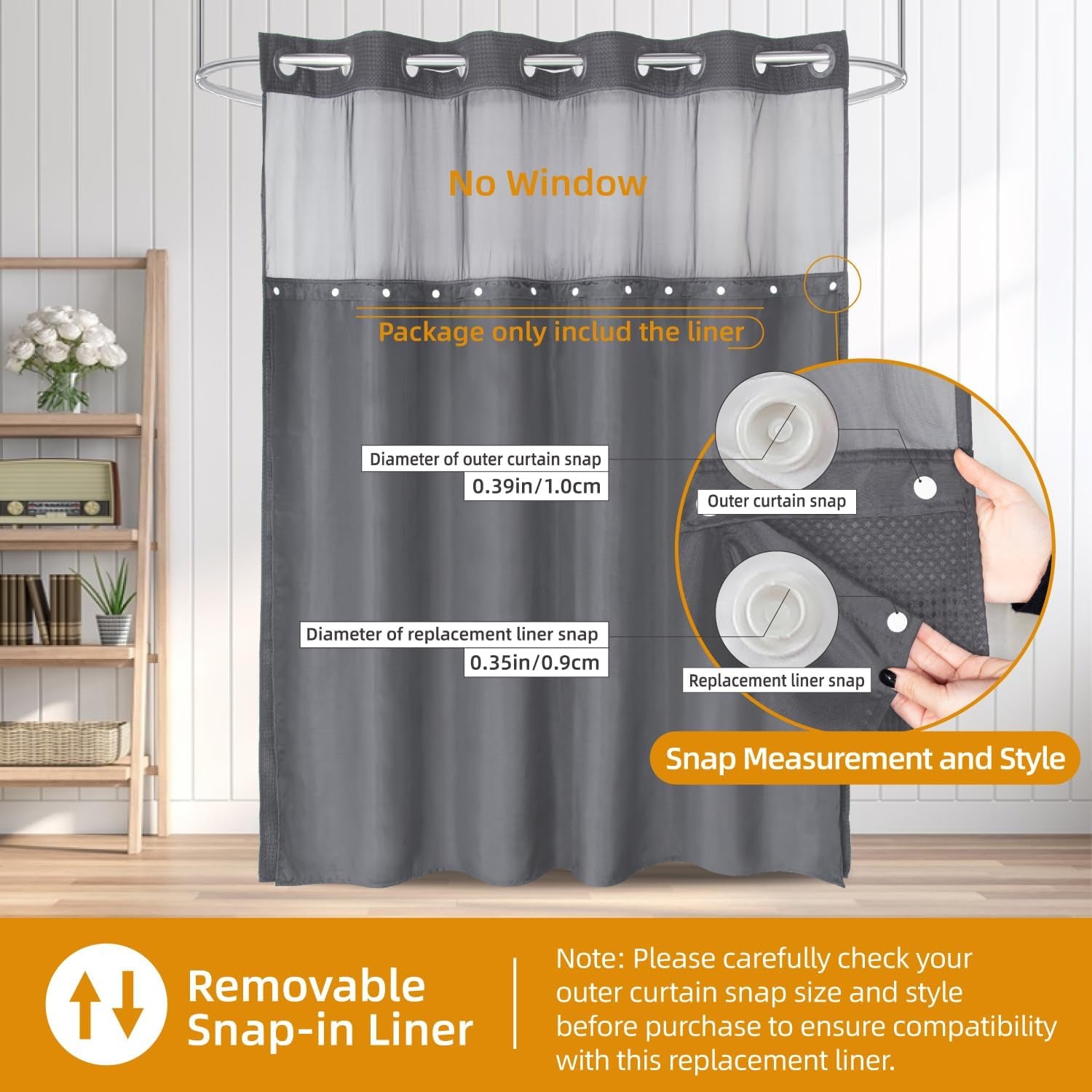 1 Pack Fabric Snap-In Shower Curtain Liner Replacement,Compatible with No Hook Shower Curtain with Snap in Liner, Removable & Water-Repellent,Machine Washable,70X54,Grey