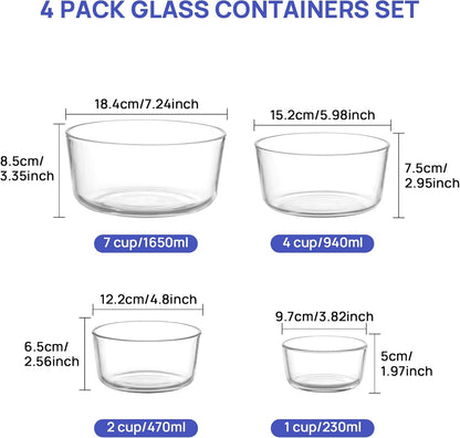 4 Pack Glass Bowls with Lids (1, 2, 4, 7 Cup), Food Storage Containers, Meal Prep and Leftovers Keeper, Lunch Container, Microwave, Dishwasher & Freezer Safe
