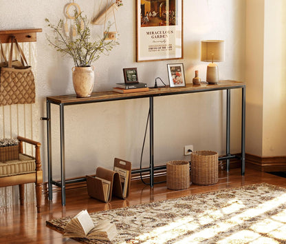70-Inch Rustic Brown Console Table with Built-in Charging Station, Ideal for Living Room and Entryway Spaces
