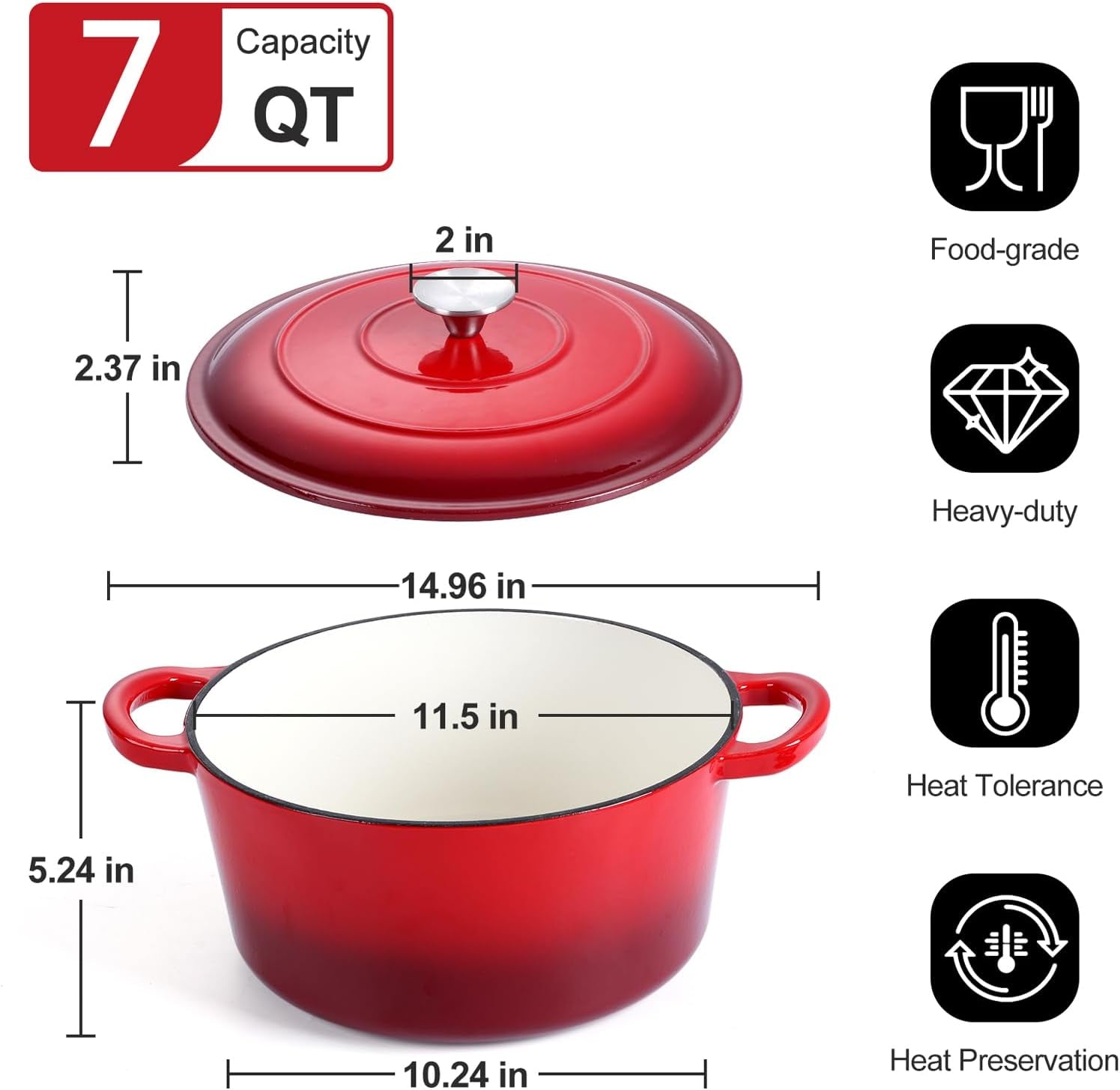7QT Enameled Dutch Oven, Cast Iron Dutch Oven Pot with Lid for Bread Baking, Enameled Casserole Pot for Roasting Braising Stewing Frying Simmering, Various Stoves & Easy Clean, Red