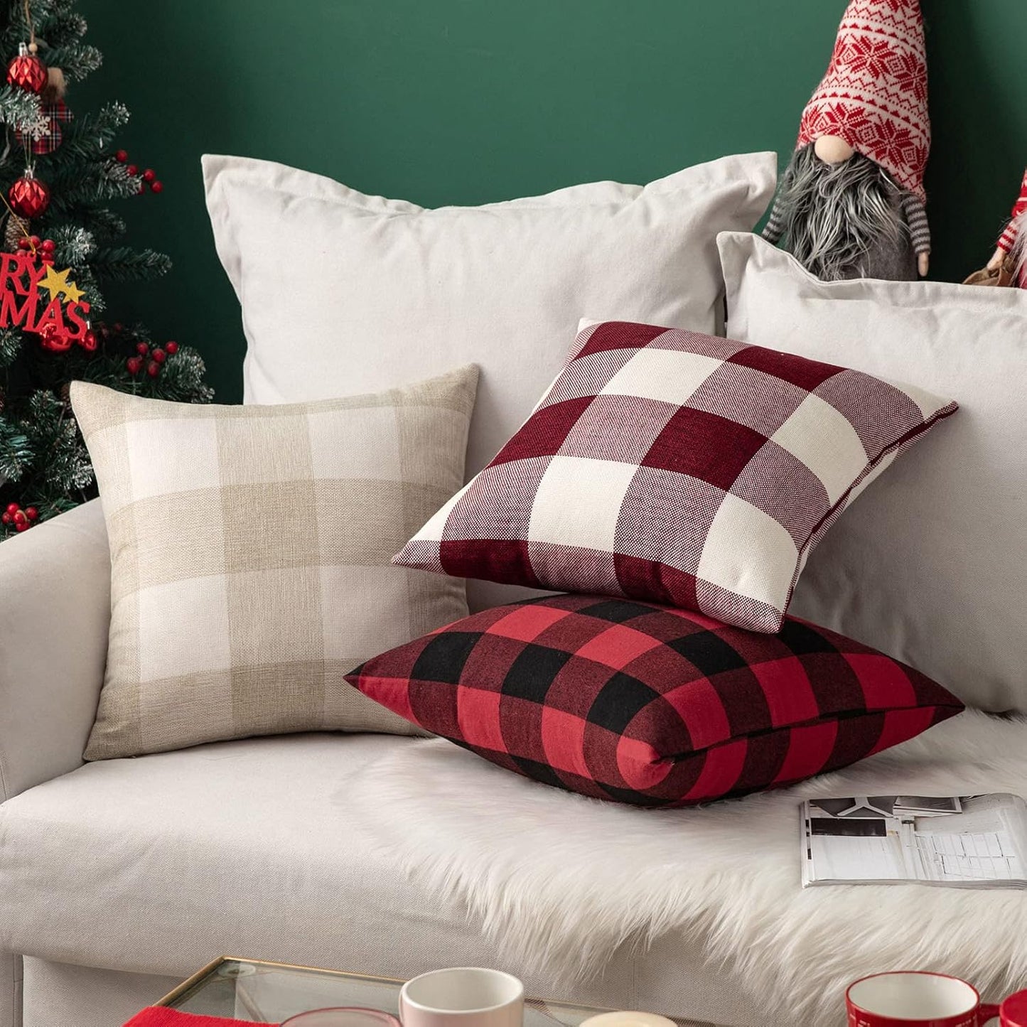 Pack of 2 Christmas Classic Farmhouse Buffalo Check Plaids Linen Soft Soild Decorative Square Porch Throw Pillow Covers Home Decor Cushion Case for Sofa Bedroom 18X18 Inch, White and Red