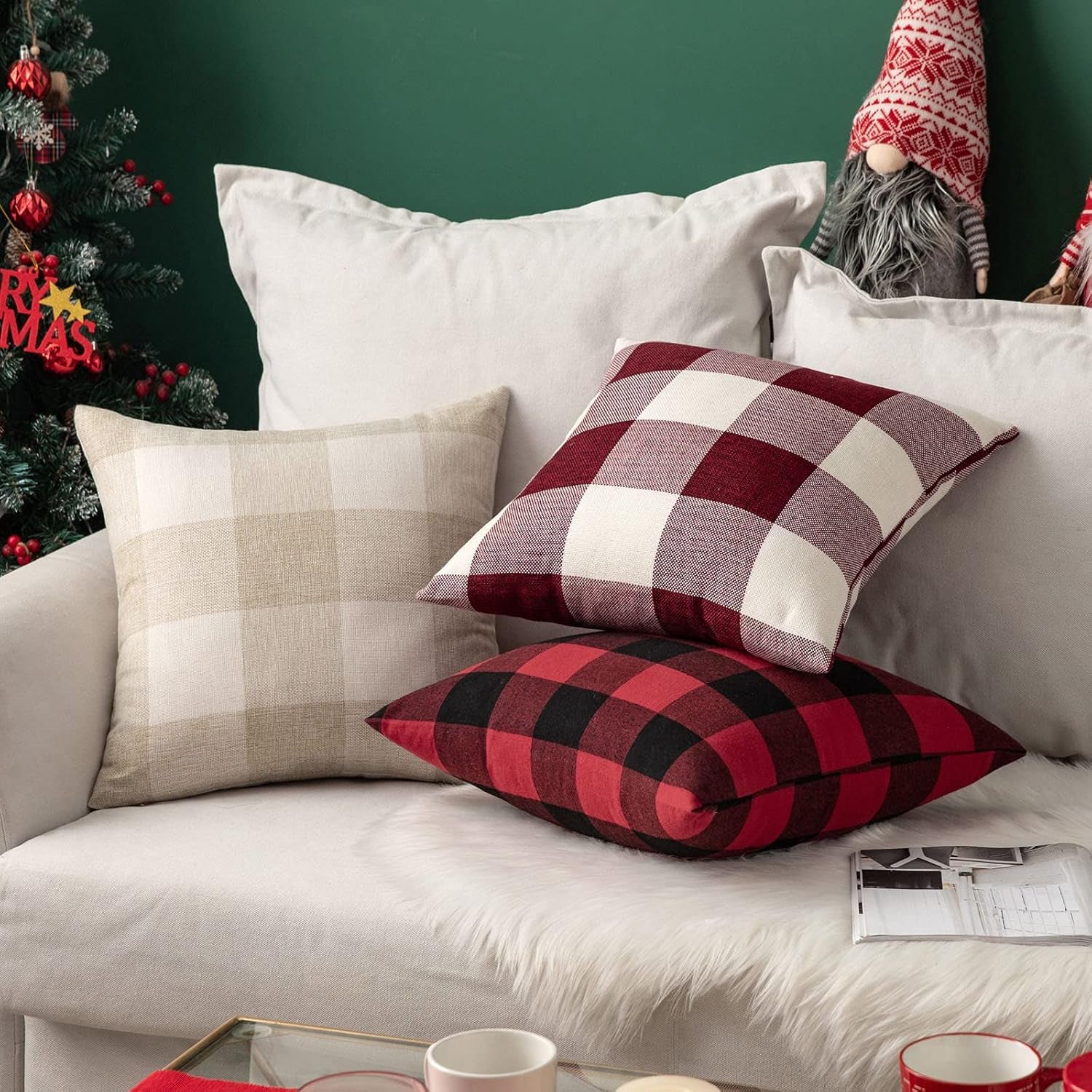 Pack of 2 Christmas Classic Farmhouse Buffalo Check Plaids Linen Soft Soild Decorative Square Porch Throw Pillow Covers Home Decor Cushion Case for Sofa Bedroom 18X18 Inch, White and Red