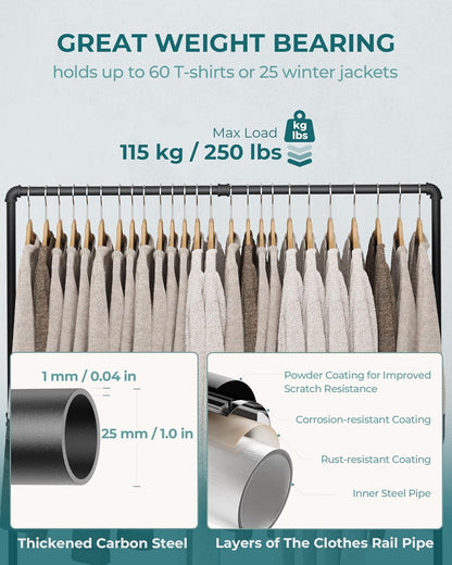 Industrial Pipe Clothing Rack Free Standing, Heavy Duty Detachable Clothes Rack with 4 Stable Feet for Garment Storage Display, Black