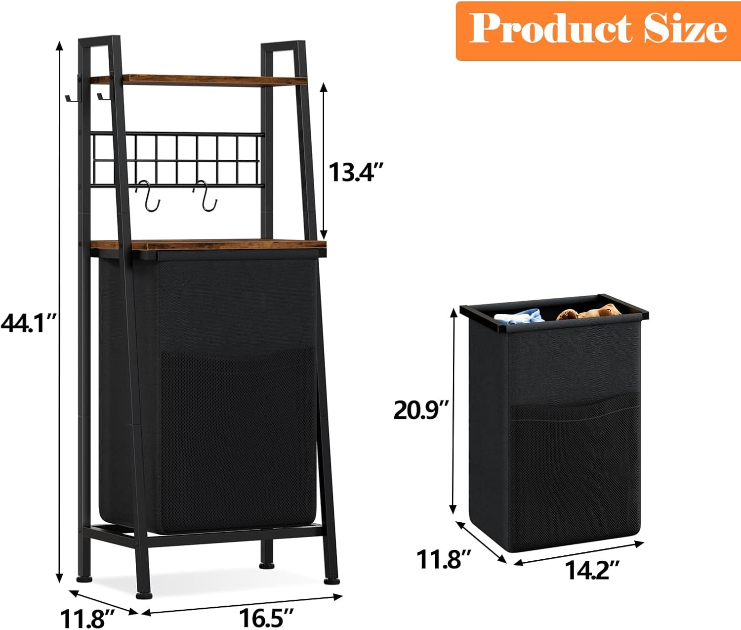 2-Tier Laundry Hamper with Wooden Shelf and Hooks, Vertical Design with Pull-Out Removable Bag, Divided Clothes Storage for Bathroom, Bedroom, and Dormitory