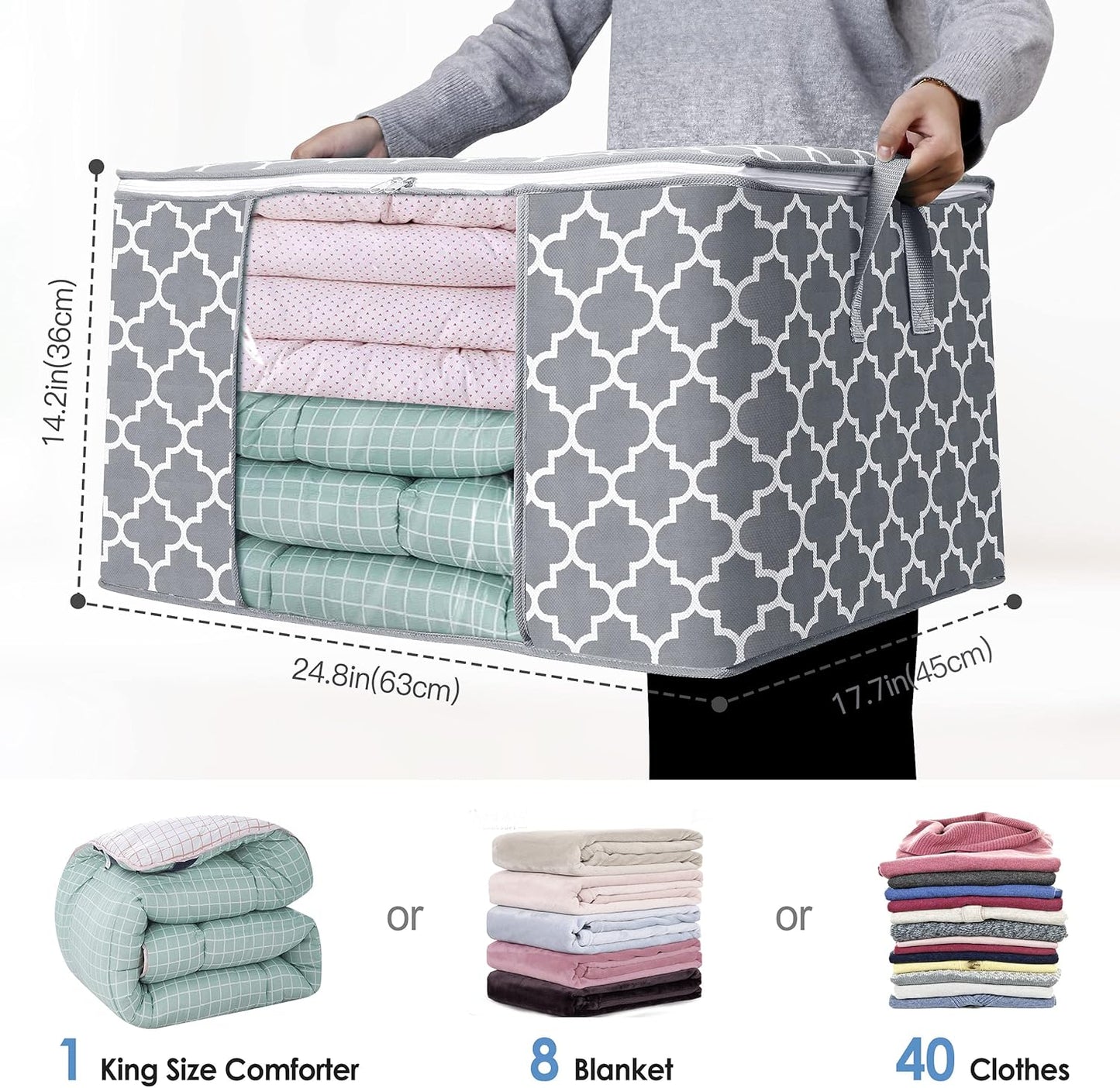 Storage Bags 100L 2-Pack Large Blanket Clothes Organization and Storage Containers for Bedding, Comforters, Foldable Organizer with Reinforced Handle, Clear Window, Sturdy Zippers, Light Grey