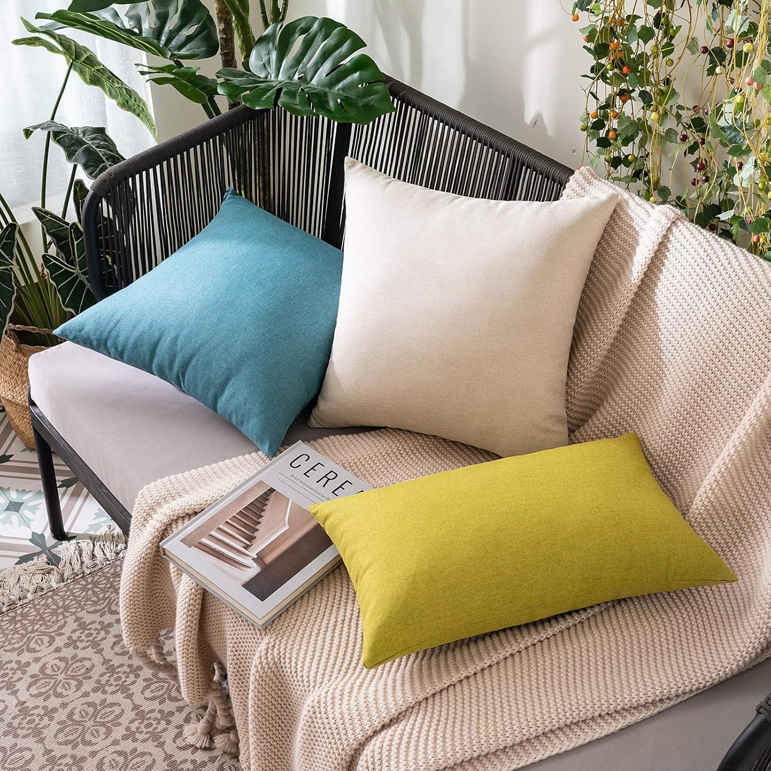 Pack of 2 Decorative Outdoor Solid Waterproof Throw Pillow Covers Faux Linen Garden Farmhouse Cushion Cases for Patio Tent Balcony Couch Sofa 18X18 Inch Beige
