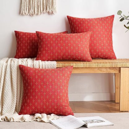 Pack of 2 Christmas Decorative Burlap Linen Throw Pillow Covers Modern Farmhouse Pillowcase Rustic Woven Textured Cushion Cover for Sofa Couch Bed 18X18 Inch Christmas Red