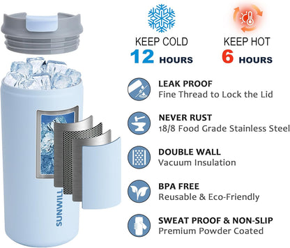 Insulated Coffee Mug with Lid, Leak Proof Tumbler Stainless Steel, 12 Oz Travel Cup for Office, Home, Powder Coated Iceberg