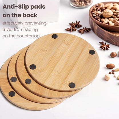 Bamboo Trivets for Hot Dishes, Hot Pots and Pans, 7.5 Inch Thick Heat Resistant Large Coaster for Kitchen, Hot Pads, Kitchen Essentials, Kitchen Decor for Table & Countertop, 2 round +2 Square