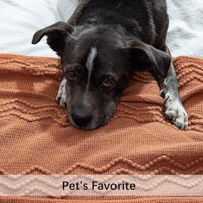 Knitted Boho Throw Blanket for Couch Textured Knit Terracotta Rust Blanket with Tassels Cozy Woven Farmhouse Blanket for Sofa Bed Chair Wave Pattern Fall Decor 50"X60", Orange