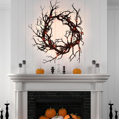 Halloween Black Branch Wreath, 18 Inch Glitter Black Twig Tree Branches Halloween Wreaths with Lights for Front Door Wall Horror Table Decor for Home Window Farmhouse Party (Branch with Red Lights)