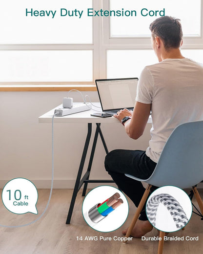 Extension Cord 10 Ft - Long Power Strip Surge Protector, 6 AC Outlet 4 USB (2 USB C), Flat Plug, Wall Mount, Multi Plug Outlet Extender Desk Charging Station for Home Office Dorm Room Essentials