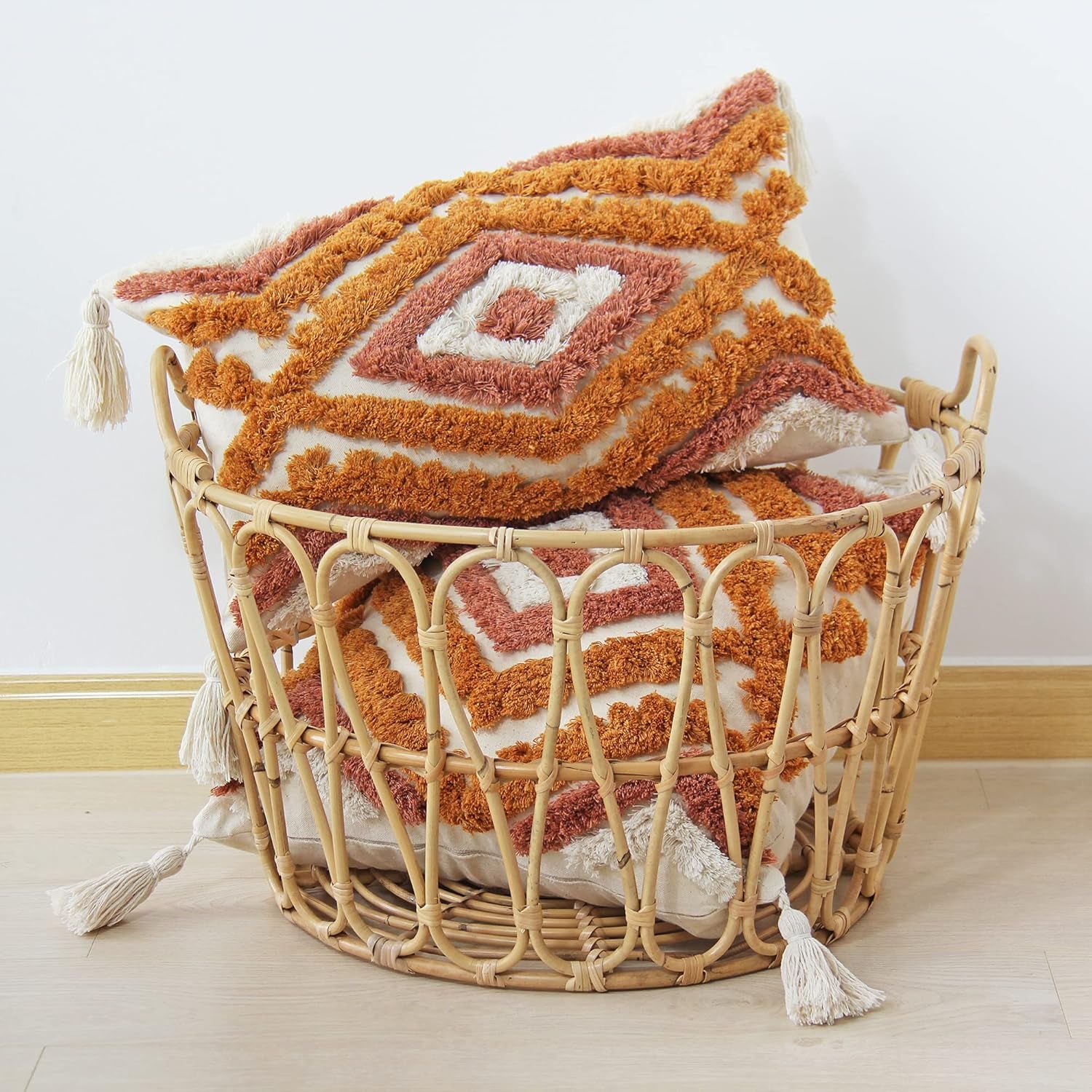 Boho Lumbar Throw Pillow Covers with Handmade Tassels Decorative Woven Tufted Orange Lumbar Pillowcase for Couch Bedroom 12 X 20 Inch