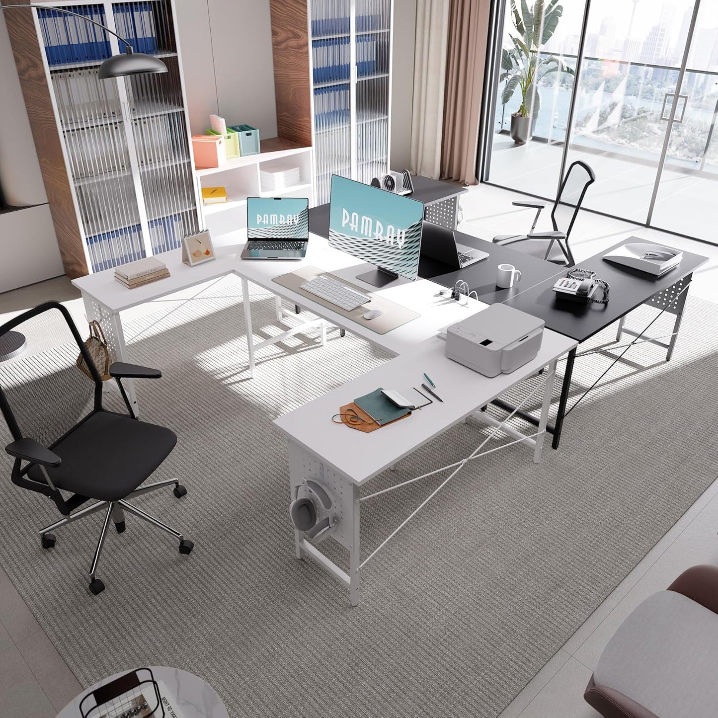 71 Inch Large Computer Desk with Power Outlets,U Shaped Corner Desk for Home Office Work and Gaming White