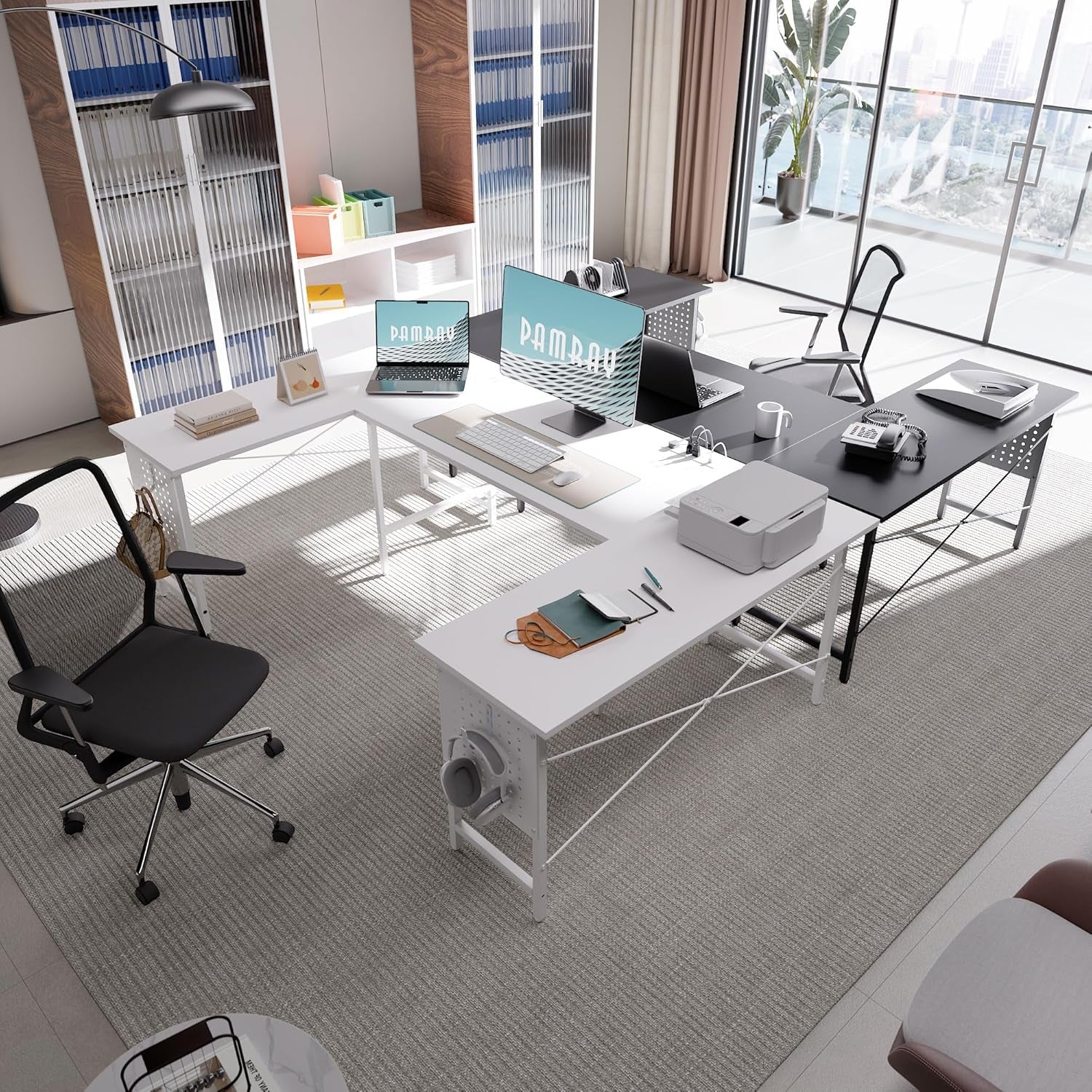 71 Inch Large Computer Desk with Power Outlets,U Shaped Corner Desk for Home Office Work and Gaming White