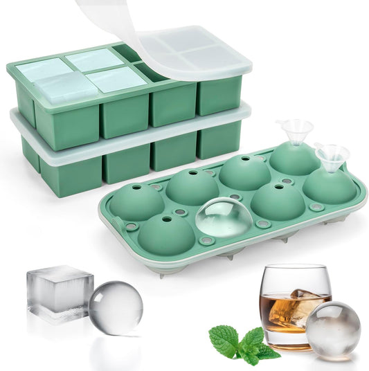 Silicone Ice Cube Tray with Lid, 3 Pack, 2 Large Ice Cube Molds, 1 Ice Ball Maker Mold 2Inch for Whiskey, Cocktail, Stackable and Easy Release, BPA Free, Freezer Dishwasher Safe, Mint Green