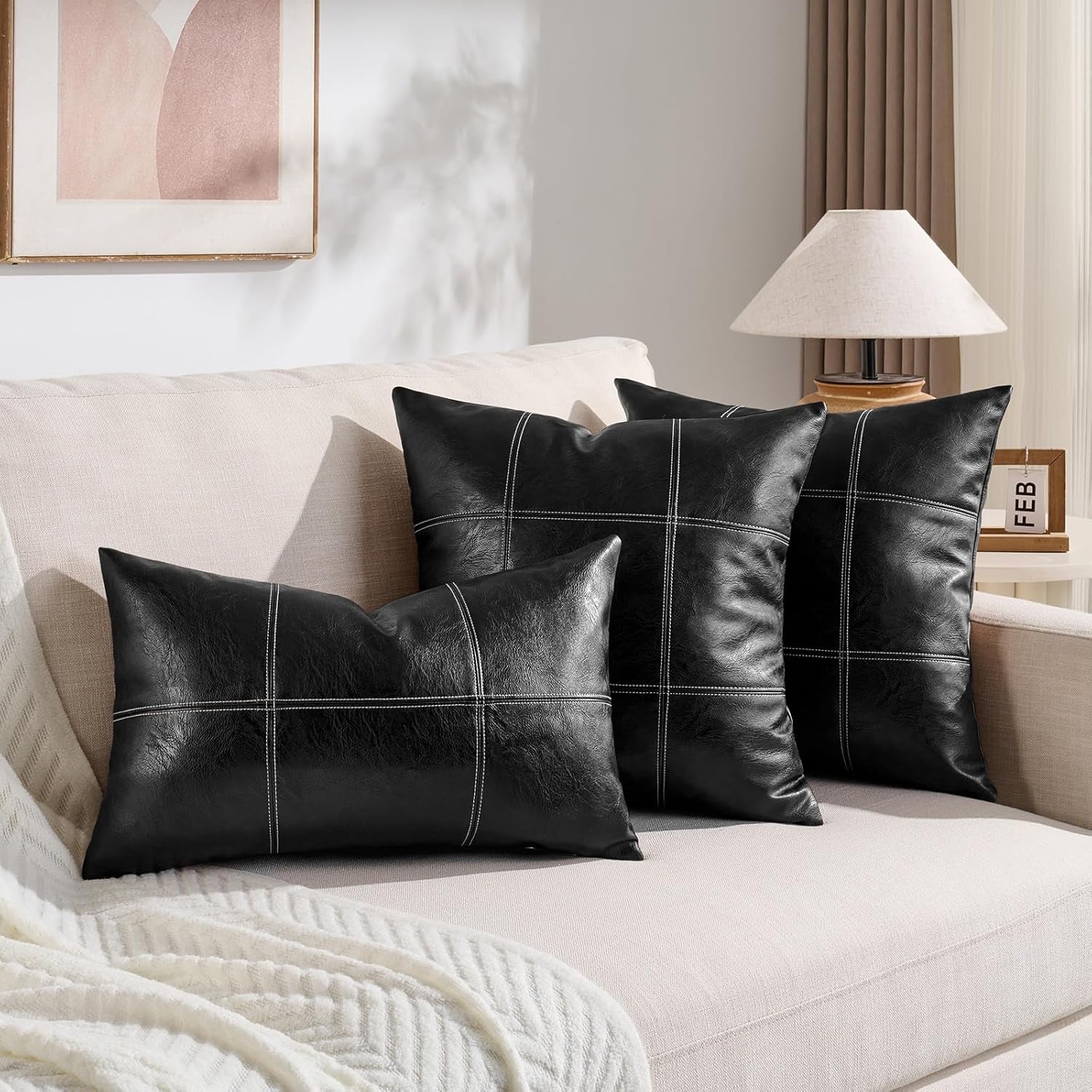 2 Packs Black Lumbar Plaid Faux Leather Decorative Throw Pillow Covers 12X20 Inch for Living Room Couch Bed Sofa, Boho Farmhouse Home Decor, Hand Stitched Rectangle Cushion Case 30X50 Cm