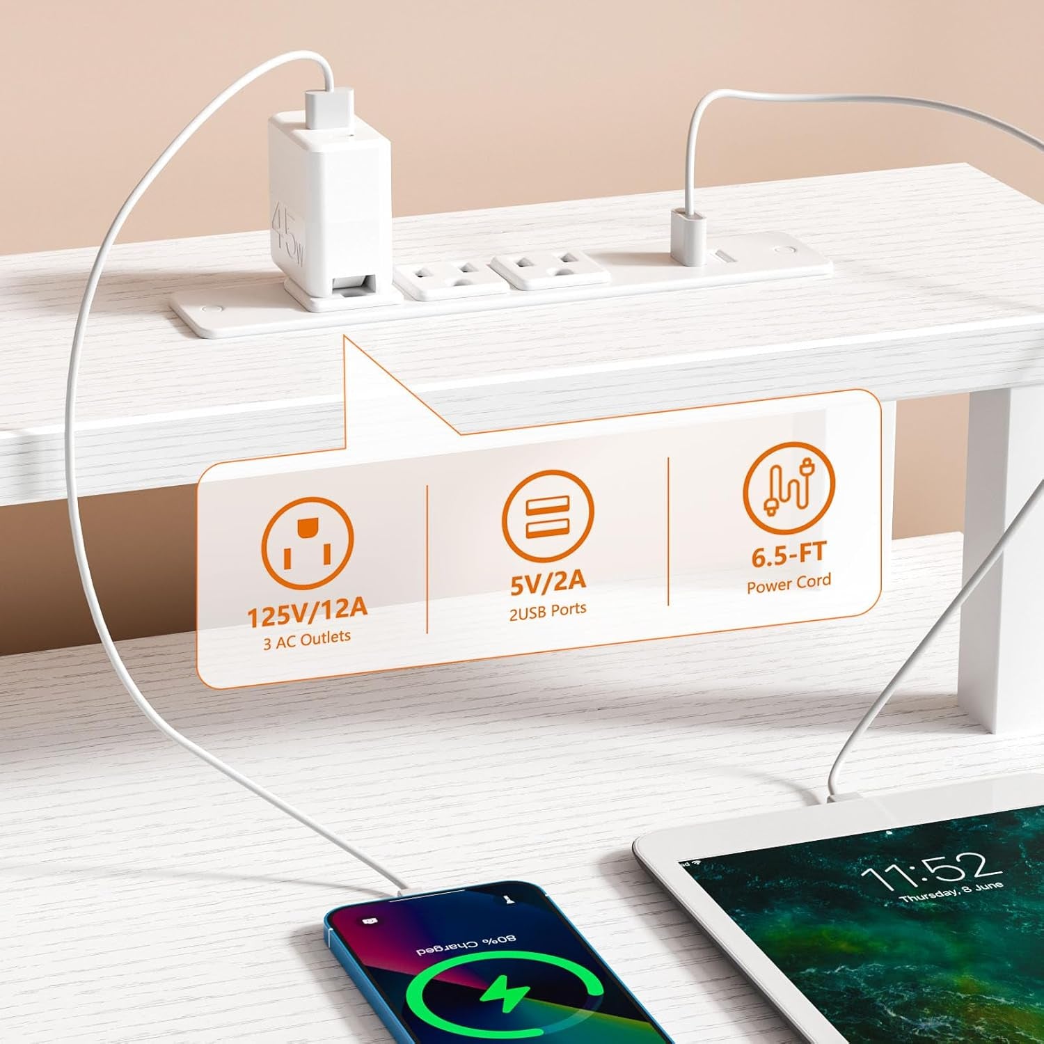 60" White Office Computer Desk with 4 Drawers,Gaming Desk with LED Lights and Power Outlets,Long Desk with Fabric File Cabinet,Study Writing Work Table with Shelf for Bedroom Home Office