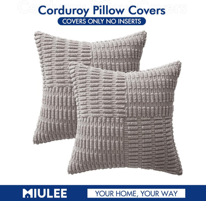 Set of 2 Light Grey Decorative Pillow Covers 18X18 Inch Textured Striped Patchwork Accents Farmhouse Boho Soft Corduroy Couch Pillows for Sofa Living Room Bed Home Decor