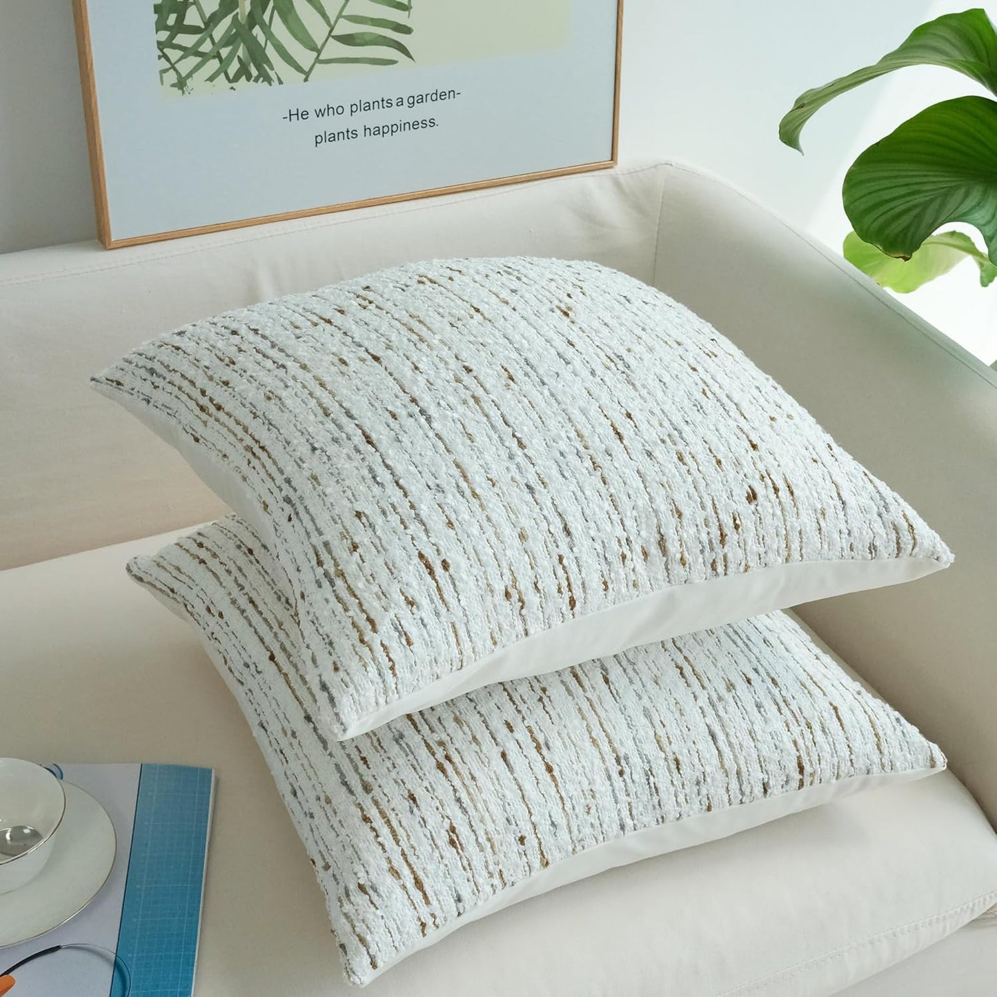 Pack of 2 Textured Boucle Decorative Throw Pillow Covers Farmhouse Boho Home Decor Striped Corduroy Square Chenille Pillowcases 18 X 18 Inch White