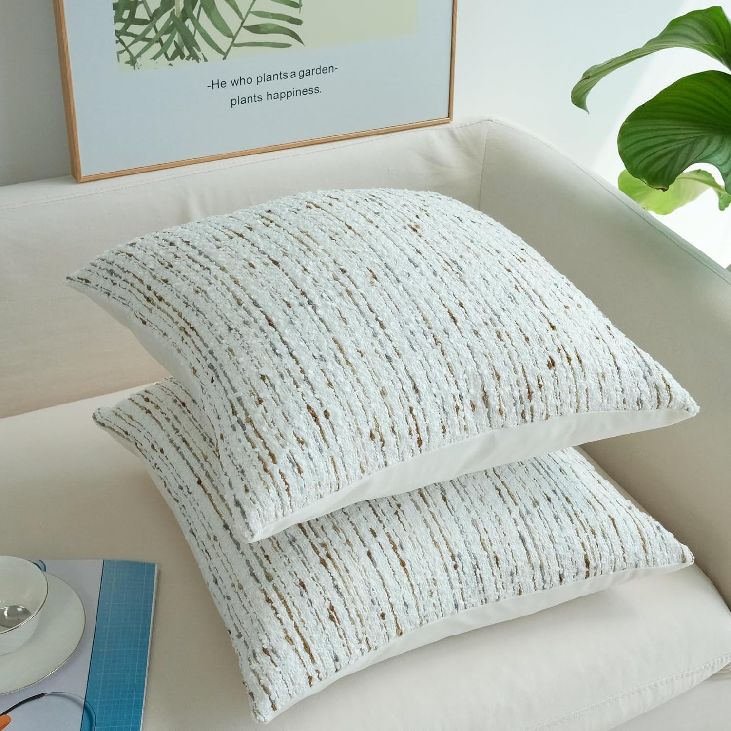 Pack of 2 Textured Boucle Decorative Throw Pillow Covers Farmhouse Boho Home Decor Striped Corduroy Square Chenille Pillowcases 18 X 18 Inch White