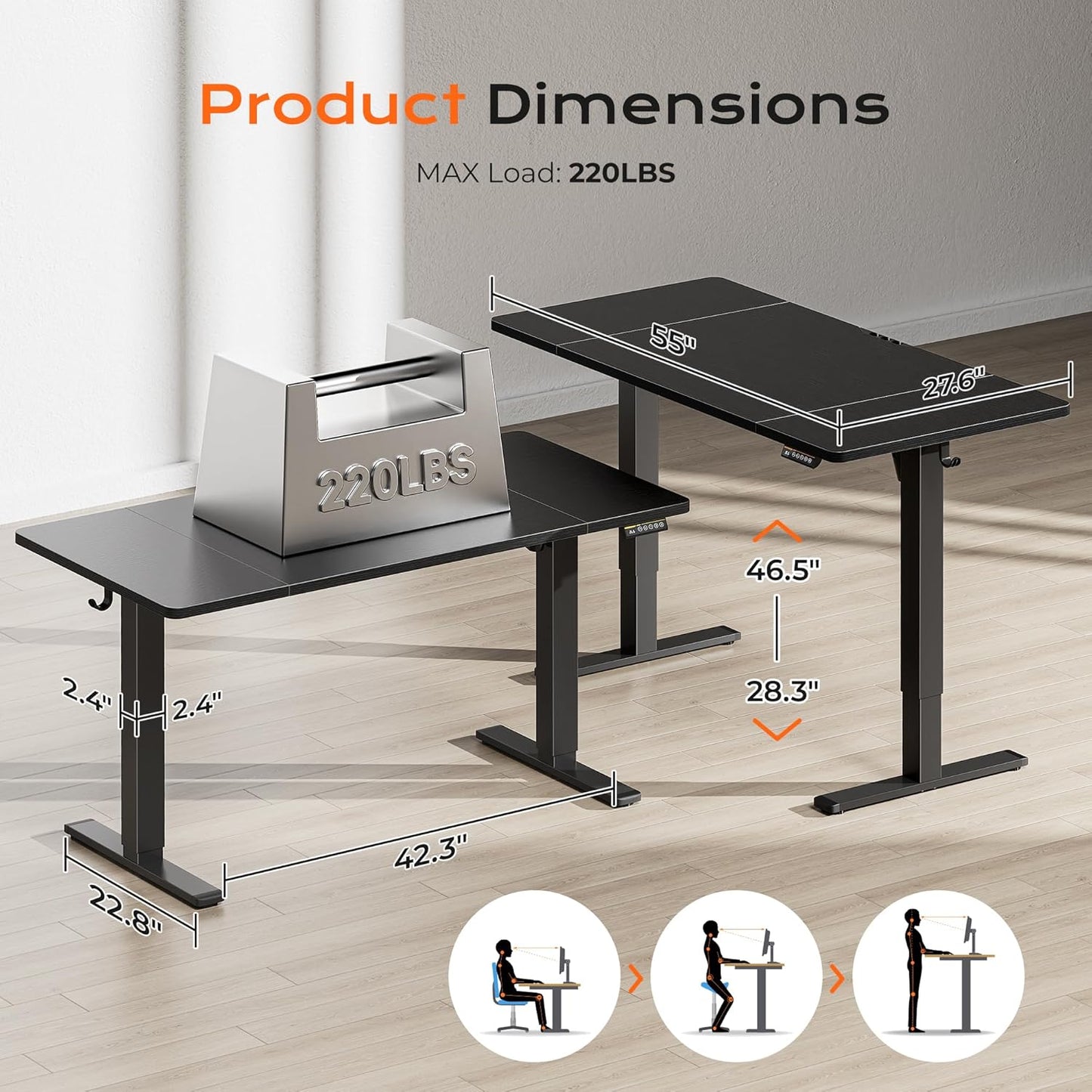 Large Electric Height Adjustable Standing Desk - 55" x 28" with 27.6" Deep Surface, 3 Preset Heights, 2 Hooks, Ideal for Home Office and Gaming, Black