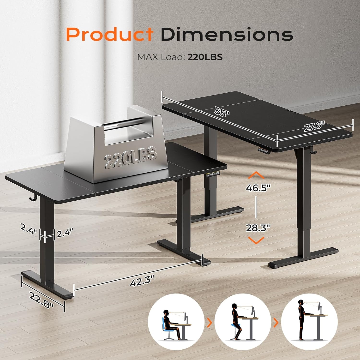 Large Electric Height Adjustable Standing Desk - 55" x 28" with 27.6" Deep Surface, 3 Preset Heights, 2 Hooks, Ideal for Home Office and Gaming, Black