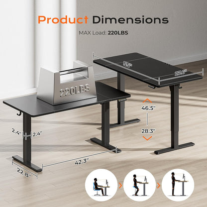 Large Electric Height Adjustable Standing Desk - 55" x 28" with 27.6" Deep Surface, 3 Preset Heights, 2 Hooks, Ideal for Home Office and Gaming, Black