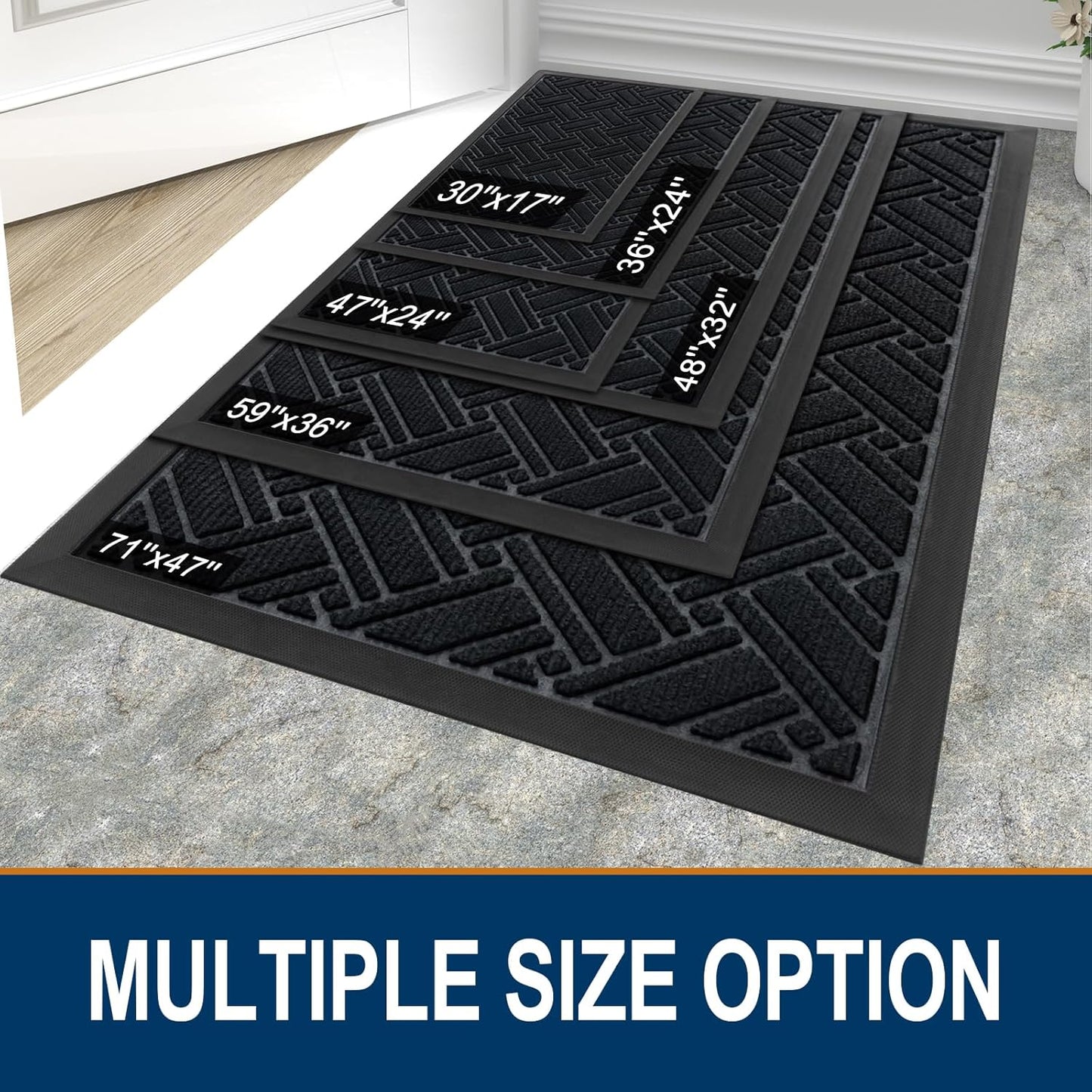 Indoor Outdoor Mat, Sturdy Natural Rubber Floor Mat, Non Slip Low Profile Waterproof Doormat, and Stain Front Door Mats, Easy Clean Patio Entrance Mat, 30''X17'', Black