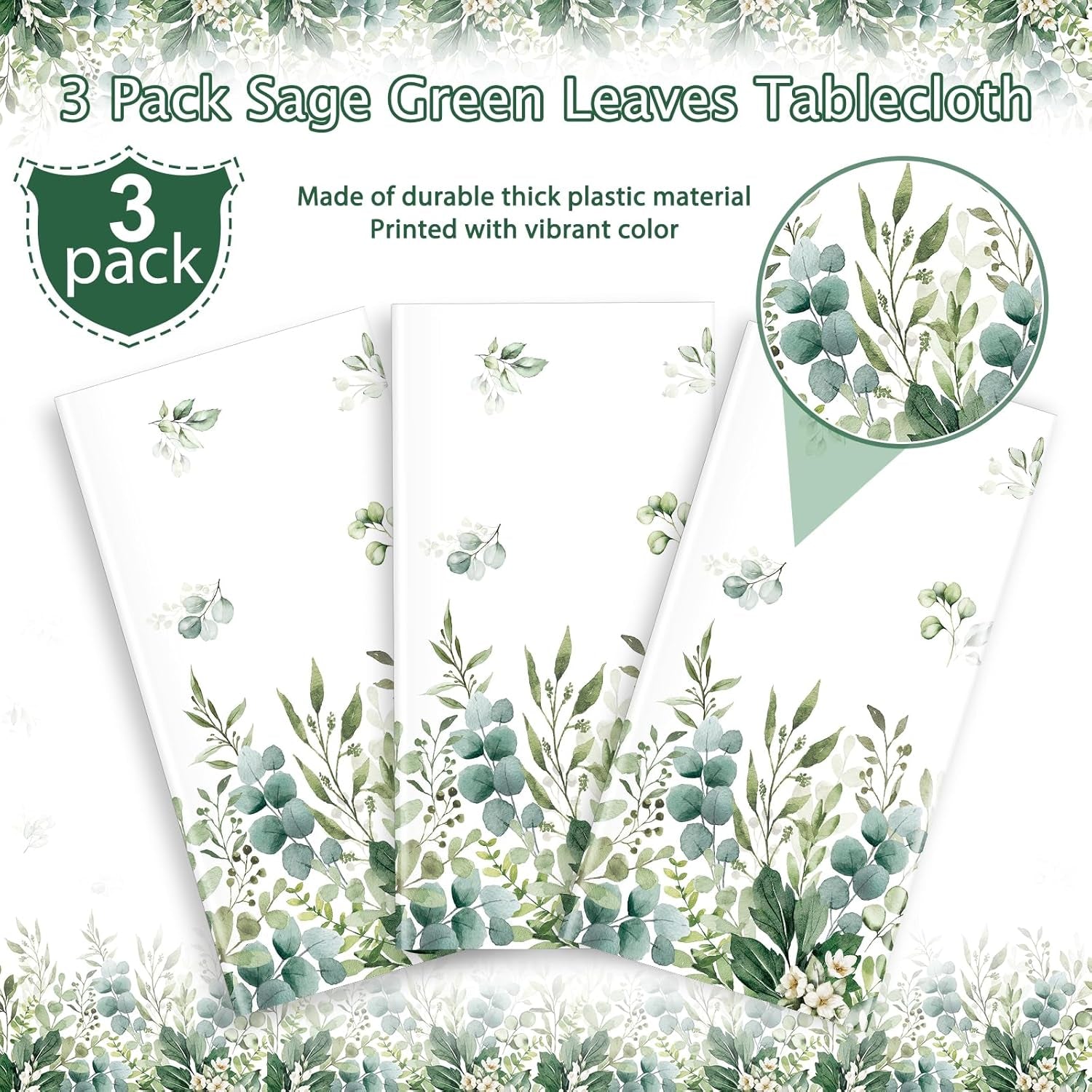 3 Pack Spring Sage Green Baby Shower Plastic Tablecloth, Eucalyptus Leaf Disposable Table Cover, Summer Rectangle Table Cloth for Bridal Baby Shower Birthday Wedding Party Decorations, 54X108 Inch